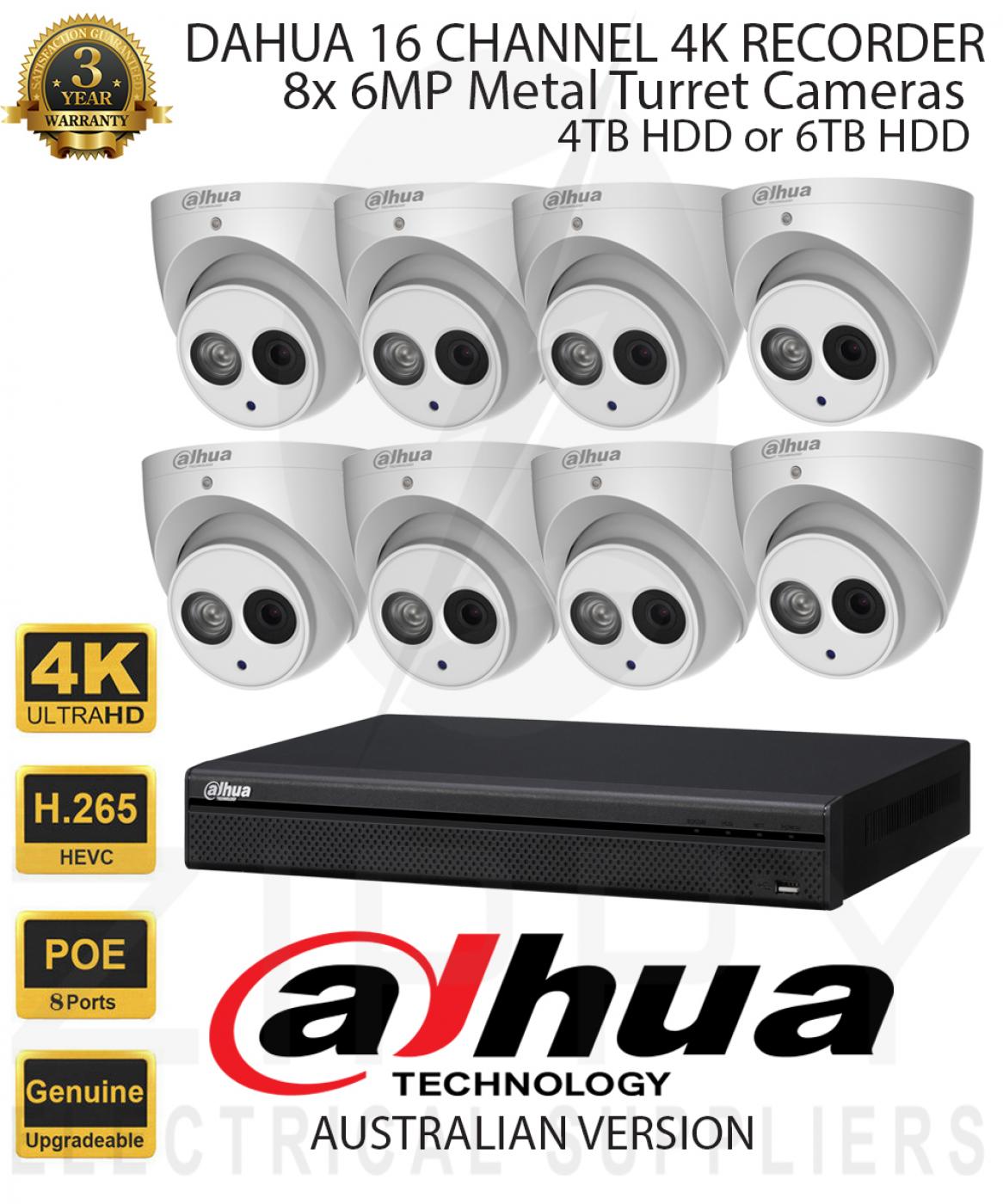 Dahua 16 Channel 4K NVR Kit with 8x Dahua 6MP 2.8mm Metal Turret Cameras & 4TB or 6TB HDD